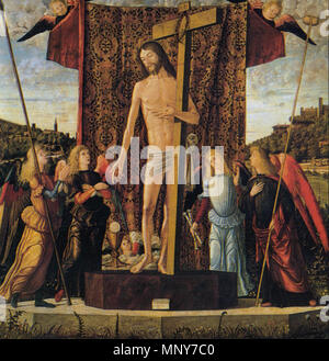 Cristo tra quattro angeli . CARPACCIO Vittore, Cristo tra i quattro angeli con i simboli della Passione Olio su tela, 162x163 cm Civici Musei e gallerie di storia e arte di Udine . circa 1496. 1242 Vittore Carpaccio, Cristo tra quattro angeli con gli strumenti della Passione, 1496, udine Foto Stock