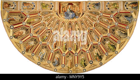 . Deutsch: Der Messornat des Ordens vom Goldenen Vlies Der Marienmantel: im Pluvialschild die Fürbittende, im ratialen Kapellenkranz: Himmelschöre von Engeln, heiligen Jungfrauen, Frauen und Witwen oro- und Silberfäden in Anlegetechnik, Stickerei mit Seide, Perlen B: 330 cm, 164 cm lang KK Inv.-Nr. 21 Inglese: i paramenti liturgici dell'ordine del vello d'oro il fronte della vergine Maria Cappa: la vergine come intercessore; file concentriche di cappelle: cori celesti degli angeli, sante vergini, donne e vedove di oro e argento nel thread appliqué tecnica, ricami in seta e perle Cr Foto Stock