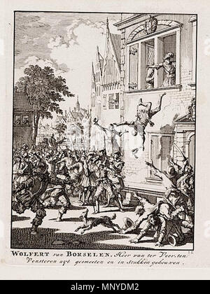 . Inglese: Wolfert van Borselen [Wolfert I van Borselen, il linciaggio il 1 agosto 1299 in Delft], attacco di Jan Luyken. 1698. Jan Luyken 1272 Wolfert van Borselen defenestration nel 1299 Foto Stock