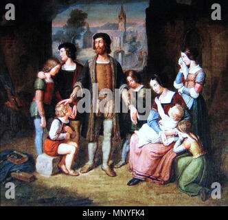 Tedesco: Familie vor brennender Ruine. Historienbild in der Ruine stehende Familie eines Edelmannes, ein Balken brennt noch Felix Schadow (1819-1861), pittore tedesco, figlio di Johann Gottfried Schadow 1099 Schadow, Felix Familie vor brennender Ruine Foto Stock