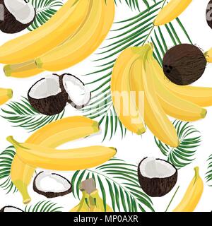 Banana, noce di cocco, intere e pezzi con foglie di palmo isolati su sfondo bianco. Colorate vettore botanico illustrazione. Vintage design tropic Illustrazione Vettoriale