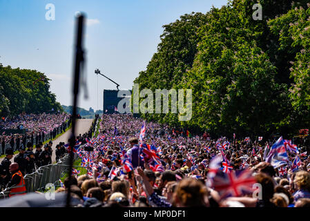 Royal Wedding. La folla di persone pranzo lungo la lunga passeggiata in Windsor Great Park di intravedere di Melissa Markle e il principe Harry. Sostenitori Foto Stock
