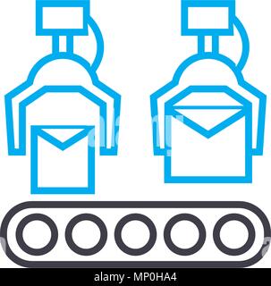 Produzione di trasportatore lineare concetto icona. Nastro trasportatore della linea di produzione segno del vettore, simbolo, figura. Illustrazione Vettoriale
