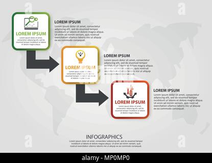 Illustrazione Vettoriale. Un modello infografico con 3 passaggi e un'immagine di tre piazze e frecce. Usare per presentazioni aziendali, educazione, web des Illustrazione Vettoriale