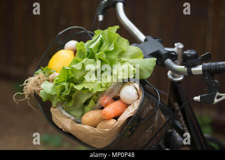 Cesto con verdure fresche in bici dettaglio Foto Stock