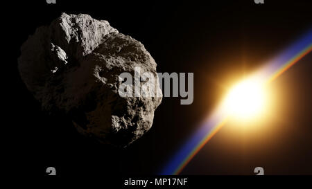 Enorme asteroide nello spazio avvicinando il pianeta con sunrise - 3D illustrazione Foto Stock