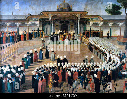 Sultan Selim III tenendo un pubblico davanti al cancello della felicità. Cortigiani sono assemblati in un protocollo rigoroso. Foto Stock