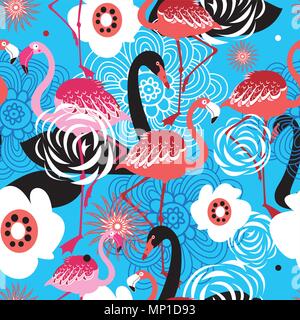 Luminose motivo floreale di fenicotteri e cigni su sfondo blu Illustrazione Vettoriale