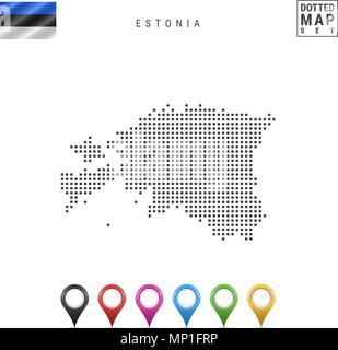 Vettore Mappa punteggiata di Estonia. Semplice silhouette dell'Estonia. Bandiera nazionale dell'Estonia. Insieme multicolore i marcatori mappa Illustrazione Vettoriale