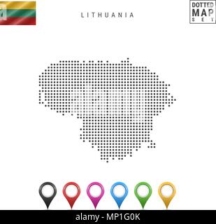 Vettore Mappa punteggiata di Lituania. Semplice Silhouette della Lituania. Bandiera della Lituania. Insieme multicolore i marcatori mappa Illustrazione Vettoriale