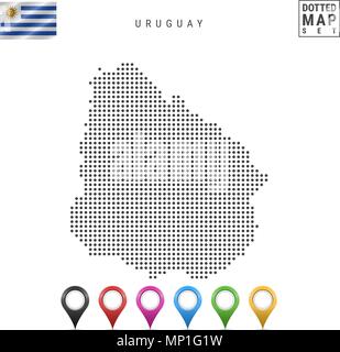 Vettore Mappa punteggiata di Uruguay. Semplice silhouette dell'Uruguay. Bandiera nazionale dell'Uruguay. Insieme multicolore i marcatori mappa Illustrazione Vettoriale