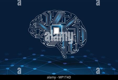 Concetto di pensare.lo sfondo con il cervello mente CPU serie simboli della tecnologia oggetto della computer science, artificiale Illustrazione Vettoriale