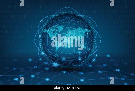 Rete globale di comunicazioni di massa mappa di rete di tutto il mondo mappa blu sfondo blu scuro mappa vettore mondiale rete logistica globale Illustrazione Vettoriale