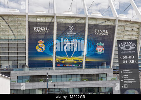 Kiev, Ucraina. Il 20 maggio 2018. La NSC Olimpiyskiy Stadium con banner di finale di UEFA Champions League. Il grande gioco nel club di calcio sarà in questa stagione essere contestata dal Real Madrid e Liverpool. Credito: Panama/Alamy Live News Foto Stock