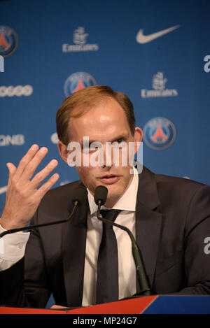 Nuovo allenatore del PSG Thomas Tuchel visto durante la conferenza stampa del Paris Saint Germain presso il Parc des Princes. Foto Stock