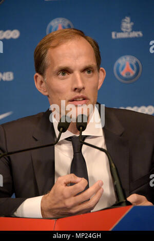 Nuovo allenatore del PSG Thomas Tuchel visto durante la conferenza stampa del Paris Saint Germain presso il Parc des Princes. Foto Stock