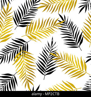 Tropicali decorativi seamless pattern con il nero e il Golden Palm lascia su di uno sfondo bianco Foto Stock