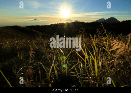 Montare prau e arjuna tempio in dieng plateau java centrale Foto Stock