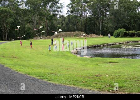 I bambini volare aquiloni. Adulti e bambini che giocano con aquiloni e corre intorno al parco vicino lago. Bambini che correvano con aquiloni nel parco. Foto Stock