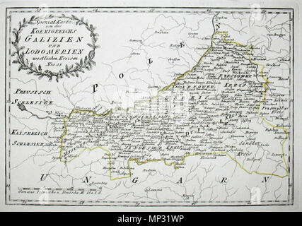 . Deutsch: Spezial-Karte von des Koenigreichs Galizien und Lodomerien westlichen Kreisen. Nro. 35. Kolorierter Kupferstich . 1791. Franz Johann Joseph von Reilly (1766-1820) nomi alternativi Reilly, Franz Johann Joseph von Descrizione editore austriaco e scrittore Data di nascita e morte 18 Agosto 1766 6 luglio 1820 Luogo di nascita e morte a Vienna il periodo di lavoro 1790 - 1800 Sede di lavoro autorità di Vienna : controllo Q113944 VIAF: 102371035 ISNI: 0000 0001 1839 240X LCCN: N88624007 GND: 118748017 SUDOC: 158784243 WorldCat 851 Mappa della Galizia nel 1791 da Reilly 035 Foto Stock