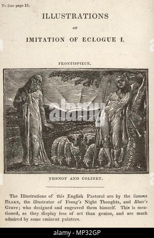 . Inglese: Il Pastorals di Virgilio, copia 1, oggetto 5 (Bentley 504.5) 'illustrazioni di imitazione di egloga I. Frontespizio' durante la pianificazione di una terza edizione del suo successo testo scolastico, il Pastorals di Virgilio, Robert John Thornton impiegato Blake per contribuire alcuni dei nuovi disegni per i due volumi di lavoro. Tra i suoi molti altri sforzi, Thornton era il medico per Blake's patron John Linnell, che probabilmente ha giocato un ruolo chiave nel garantire la commissione. Blake's assegnazione veniva per illustrare Ambrogio Philips' inglese " imitazione " di Virgilio prima egloga. Blake prodotto per la prima volta quattro piccoli desig Foto Stock
