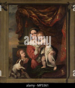 Opnamedatum: 2010-02-24 Ritratto di Johanna de Geer con i suoi due figli Cecilia e Laurens viaggio come la Caritas . Ritratto di Joanne de Geer (1629-1691) con i suoi bambini Cecilia viaggio (1660-1728) e Laurens viaggio (nato 1662) rappresentato come la Caritas. In basso a sinistra di un cane. Impostare in un telaio verniciato con pilastri ionici. Circa 1664. 1019 Ritratto di Johanna de Geer con i suoi due figli Cecilia e Laurens viaggio come la Caritas da Ferdinand Bol Foto Stock