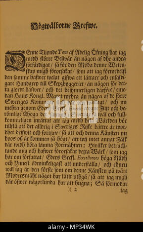 . Inglese: Pagina da Skeps Byggerij Eller Adelig Öfnings Tionde Tom ('Shipbuilding o il decimo volume di Adelig Öfning'), un trattato sulla costruzione navale come parte del più volume di lavoro Adelig Öfning ("nobile pratica[s]'), scritto nel tardo XVII secolo dall'autore svedese Åke Rålamb. Prefazione; terza pagina. Svenska: Sida från Skeps Byggerij Eller Adelig Öfnings Tionde Tom, en redogörelse för skeppsbygge som en del Adelig Öfning, encyklopedisk ett verk i flera volymer som beskriver färdigheter och andra som sysslor ansågs pertinenti adelsmän för att kunna. Skriven senare delen av 1600-talet Åk av Foto Stock