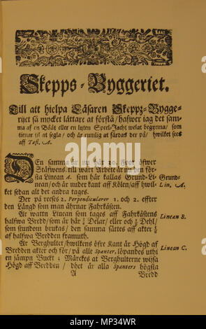 . Inglese: Pagina da Skeps Byggerij Eller Adelig Öfnings Tionde Tom ('Shipbuilding o il decimo volume di Adelig Öfning'), un trattato sulla costruzione navale come parte del più volume di lavoro Adelig Öfning ("nobile pratica[s]'), scritto nel tardo XVII secolo dall'autore svedese Åke Rålamb. Testo principale; pagina 9. Svenska: Sida från Skeps Byggerij Eller Adelig Öfnings Tionde Tom, en redogörelse för skeppsbygge som en del Adelig Öfning, encyklopedisk ett verk i flera volymer som beskriver färdigheter och andra som sysslor ansågs pertinenti adelsmän för att kunna. Skriven senare delen av 1600-talet av Foto Stock