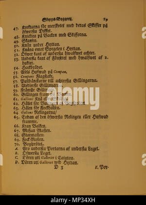 . Inglese: Pagina da Skeps Byggerij Eller Adelig Öfnings Tionde Tom ('Shipbuilding o il decimo volume di Adelig Öfning'), un trattato sulla costruzione navale come parte del più volume di lavoro Adelig Öfning ("nobile pratica[s]'), scritto nel tardo XVII secolo dall'autore svedese Åke Rålamb. Testo principale; xxxvii pagina. Svenska: Sida från Skeps Byggerij Eller Adelig Öfnings Tionde Tom, en redogörelse för skeppsbygge som en del Adelig Öfning, encyklopedisk ett verk i flera volymer som beskriver färdigheter och andra som sysslor ansågs pertinenti adelsmän för att kunna. Skriven senare delen av 1600-talet av Foto Stock