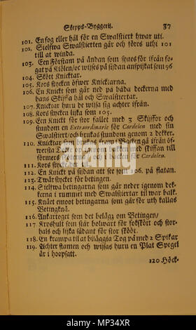 . Inglese: Pagina da Skeps Byggerij Eller Adelig Öfnings Tionde Tom ('Shipbuilding o il decimo volume di Adelig Öfning'), un trattato sulla costruzione navale come parte del più volume di lavoro Adelig Öfning ("nobile pratica[s]'), scritto nel tardo XVII secolo dall'autore svedese Åke Rålamb. Testo principale; xlvii pagina. Svenska: Sida från Skeps Byggerij Eller Adelig Öfnings Tionde Tom, en redogörelse för skeppsbygge som en del Adelig Öfning, encyklopedisk ett verk i flera volymer som beskriver färdigheter och andra som sysslor ansågs pertinenti adelsmän för att kunna. Skriven senare delen av 1600-talet av Foto Stock