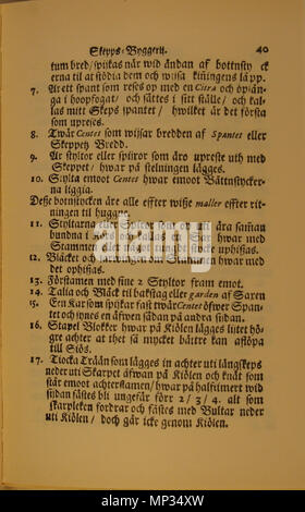 . Inglese: Pagina da Skeps Byggerij Eller Adelig Öfnings Tionde Tom ('Shipbuilding o il decimo volume di Adelig Öfning'), un trattato sulla costruzione navale come parte del più volume di lavoro Adelig Öfning ("nobile pratica[s]'), scritto nel tardo XVII secolo dall'autore svedese Åke Rålamb. Testo principale; 51a pagina. Svenska: Sida från Skeps Byggerij Eller Adelig Öfnings Tionde Tom, en redogörelse för skeppsbygge som en del Adelig Öfning, encyklopedisk ett verk i flera volymer som beskriver färdigheter och andra som sysslor ansågs pertinenti adelsmän för att kunna. Skriven senare delen av 1600-talet av Foto Stock