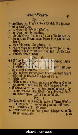 . Inglese: Pagina da Skeps Byggerij Eller Adelig Öfnings Tionde Tom ('Shipbuilding o il decimo volume di Adelig Öfning'), un trattato sulla costruzione navale come parte del più volume di lavoro Adelig Öfning ("nobile pratica[s]'), scritto nel tardo XVII secolo dall'autore svedese Åke Rålamb. Testo principale; 53a pagina. Svenska: Sida från Skeps Byggerij Eller Adelig Öfnings Tionde Tom, en redogörelse för skeppsbygge som en del Adelig Öfning, encyklopedisk ett verk i flera volymer som beskriver färdigheter och andra som sysslor ansågs pertinenti adelsmän för att kunna. Skriven senare delen av 1600-talet av Foto Stock