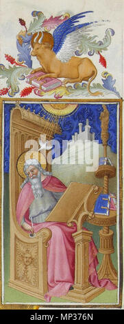 ©Foto. R.M.N. / R.-G. OjŽda Français : Saint Matthieu (?), Les Très ricchezze Heures du Duc de Berry, folio 18 verso, représenté avec le simboli de Luc inglese: San Matteo dal Très ricchezze Heures du Duc de Berry, con il simbolo errato, il bue alato di san Luca . Français : C'est sans doute bien Matthieu représenté ici, au niveau de l'évangile du même nom. L'enlumineur auteur de la bordure un fait ici Une erreur : il a représenté le simboli de Saint Luc au-dessus de cet évangéliste inglese: Questo evangelista Matteo, in una miniatura nel mezzo del Vangelo secondo Matteo, Foto Stock