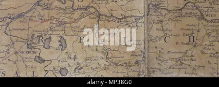. Deutsch: Salzburg-Wien Ausschnitt der Landkarte der österreichischen Erbländer Deutsch: Post-Charte der Kaiserl. Königl. Erblanden . 1782. Georg Ignaz Freiherr von Metzburg; Mansfeld, Kupferstecher 886 Metzburg 1782 Salzburg Wien Foto Stock