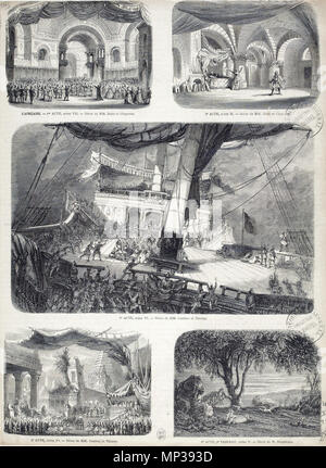 . Inglese: impostazioni per il 1865 premiere di Giacomo Meyerbeer opera L Africaine (premere le illustrazioni). La fase di disegni per i atto (Consiglio scena) e Atto II (Dungeon Scena) sono stati creati da Auguste-Alfred Rubé e Philippe Chaperon; per atto III (mare scena e naufragio) e Atto IV (tempio indù), da Charles-Antoine Cambon e Joseph-François-Désiré Thierry; per la scena 1 dell Atto V (Queen's Garden, non mostrato), da Jean Baptiste Lavastre; e per la scena 2 dell Atto V (l'albero Machineel), da Edouard-Désiré-Joseph Despléchin. (Rif.: Letellier, Robert Ignazio di Loyola (2008). Una Introduzione al drammatico wor Foto Stock