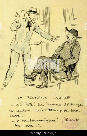 La Revue Comique par Jehan Testevuide, n. 25-28. Un visitatore al Louvre racconta una guardia seduto che qualcuno ha girato dipinti nel Salon Carré, per cui la protezione in modo disinteressato risponde di non preoccuparsi perché i dipinti sono dietro il vetro. circa 1909. 786 La Revue Comique par Jehan Testevuide, n. 25-28 - N4 Foto Stock