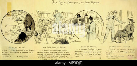 La Revue Comique par Jehan Testevuide, n. 25-28. Quattro vignette satiriche. Nella prima vignetta, Marianne, il simbolo della Francia, si siede a un tavolo da gioco, la spesa dei lavoratori pensioni. Nella seconda vignette una folla si raduna attorno ad un foro in una Parisienne street. Una guida in uniforme racconta la folla di turisti che il foro era vuoto in agosto 1909, pieno da settembre e di nuovo vuoto in ottobre. Un uomo le fotografie che con la sua macchina fotografica. In terzo vignette, un paio acquista i biglietti per il teatro che il prezzo è stato ripartito in quote per l'autore, il regista e gli altri. In quarto a vi Foto Stock