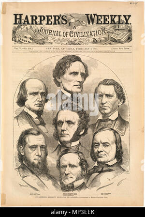 . Inglese: nome file: 10 09 000038 Titolo: La separazione del Mississippi delegazione del Congresso creatore/collaboratore: Omero, Winslow, 1836-1910 (artista) Data di pubblicazione: 1861-02-02 Descrizione fisica: 1 stampa : incisione su legno Genere: incisioni su legno; illustrazioni periodiche note: Pubblicato in: Harper's settimanale, Volume V, 2 febbraio 1861, p. 65.; firmato come didascalie alle immagini: Ruben Davis, Lucio Q. C. Lamar, Senatore Jefferson Davis, Senator Albert G. Brown, William Barksdale, Otho R. Singleton, John J. M'Rae.; fotografato da Brady.; Firmato in basso a sinistra: Omero. Collezione: Winslow Homer Collezione Loca Foto Stock