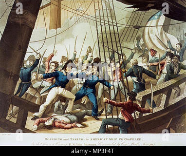 Imbarco e prendendo la nave americana Chesapeake, dai funzionari & Crew di H.M. Nave Shannon, comandata da Capt. Si è rotto, Giugno 1813. Una raffigurazione di impegno tra la Marina Americana fregata USS Chesapeake e la Royal Navy frigate H.M.S. Shannon il 1 giugno 1813 al largo di Halifax, Nova Scotia Canada. Gli ufficiali ed equipaggi di Shannon, comandata dal capitano Philip rotto, sono mostrati imbarco e catturare la Chesapeake. circa 1813.. 837 m Dubourg, imbarco e prendendo la nave americana Chesapeake, da ufficiali ed equipaggi di H.M. Nave Shannon, comandata da Capt. Si è rotto, giugno 1813 ( Foto Stock