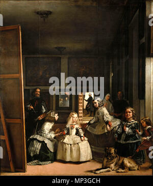 . Español: Las Meninas o la familia de Felipe IV, pintura de Diego Velázquez (1656). (1656). Diego Velázquez (1599-1660) nomi alternativi Velázquez; Diego Rodríguez de Silva y Velázquez; Diego Rodriguez de Silva y Velázquez; Diego Rodríguez de Silva Velázquez; Diego de Silva Velàzquez; Diego De Velázquez y Silva e Diego Rodríguez de Silva y Velasquier; Diego Velasques; Diego Rodríguez de Silva y Velasquiz; Diego Velásquez; Diego Valesquez; Diego Velasquex; Diego Velázquez y Silva e Diego de Silva Velázquez; Diego de Silva Velázquez; Diego Villasco; Diego de Velázquez y Silva e Diego de S Foto Stock