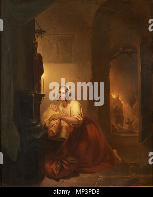 Z 032 . Deutsch: Mutter mit tipo und geretteter Habe in Kirche vor Gnadenbild, seitlich Durchblick auf brennende Stadt. Öl/Holz. 60,5 x 50,5 cm. Segno. und 1863 dat. . 1863. 979 Petrus Kiers Mutter und Tipo in Kirche bei Feuer Foto Stock