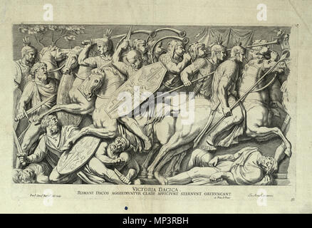 Inglese: Victoria Dacica Latina: Victoria Dacica Română: Victoria Dacica . Inglese: scena dei Daci guerre; basso rilievo assunto dal perso di Traiano fregio del Foro di Traiano e incluso, insieme con altri tre pannelli dalla stessa fonte, in Constantin l'Arco di Trionfo; titolo completo dell'iscrizione: Victoria Dacica - Romani Dacos aggredivntvr clade afficivnt sternvnt obtrvncant; Firmato in basso a sinistra: Petr'Sanct'Bartol' del. sculp. Firmato in basso a destra la casa editrice: Iacob' de Rubeis e Priv. S. Pont. Sulla sinistra, sotto: In Arcu Costantini e 43 Latina: Victoria Dacica - Romani Dacos aggre Foto Stock