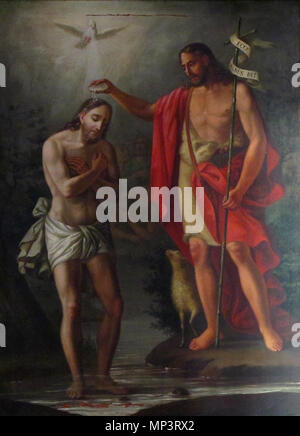 . L'Alsazia, Bas-Rhin, Wangen, Église simultanée Saint-Etienne (PA67000035, IA67006252). Tableau 'Le baptême du Christ" (Joseph Sorg (1791-1870) ou Louis Sorg (1823-1863), Huile sur toile, 130cm de haut, 1848): Questo oggetto è indicizzato in base Palissy, database del mobilio francese patrimonio del ministero francese della cultura, al di sotto del riferimento67010682 IM. Brezhoneg | català | Deutsch | English | Español | Suomi | Français | Magyar | Italiano | Plattdüütsch | Português | +/- . 6 aprile 2012. © Ralph Hammann - Wikimedia Commons 1250 Wangen Tempio09 Foto Stock