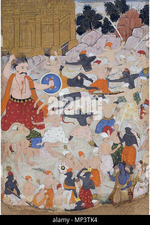 . Inglese: ID oggetto: 2003.3 Denominazione: Il demone gigante Kumbhakarna combatte il principe Rama eserciti di scimmie e poggia sull'isola di Lanka, da un manoscritto del Ramayana (Vita di Rama) Data: 1595-1605 Medio: acquerelli opaco e oro su carta Luogo di Origine: India del Nord stile o Ware: Mughal linea di credito: dono di intenditori' Consiglio con finanziamenti addizionali da Fred M. e Nancy Livingston Levin, il Shenson Foundation, in memoria di A. Jess Shenson etichetta: In molti indù storie sacre, animali possiedono intelligenza e coscienza morale. Alcuni animali, come altri eroi, aiuto Foto Stock