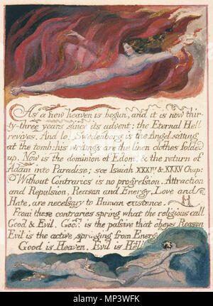 . Inglese: Il Matrimonio del Cielo e l'Inferno COPIA E 1794 Fitzwilliam Museum oggetto 3 . 1794. William Blake (1757-1827) nomi alternativi W. Blake; Uil'iam Bleik Descrizione British pittore, poeta, scrittore, teologo, collezionista e incisore, Data di nascita e morte 28 novembre 1757 12 agosto 1827 Luogo di nascita e morte Broadwick Street Charing Cross sede di lavoro London Authority control : Q41513 VIAF: 54144439 ISNI: 0000 0001 2096 135X ULAN: 500012489 LCCN: N78095331 NLA: 35019221 WorldCat 1177 Il Matrimonio del Cielo e l'Inferno COPIA E 1794 Fitzwilliam Museum oggetto 3 Foto Stock