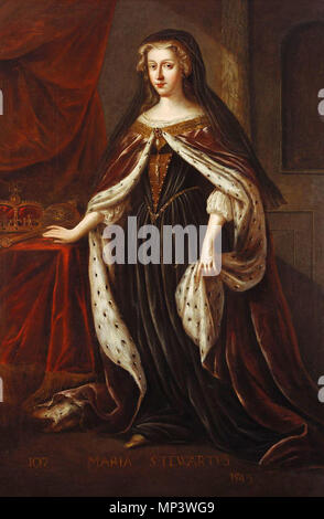 Solo per riferimento. . Inglese: Ritratto di Maria Regina di Scozia (1542-1587) che indossa un abito verde con un oro stomacher e crocifisso, e un mantello di porpora rifinito con ermellino; ella si appoggia la mano destra su un tavolo su cui sono poste le crown, orb e scettro. La sola figura femminile in de Witt è re di Scozia serie, dipinta per Charles II il restauro del Palazzo di Holyrood, Edimburgo. . Circa 1684-86. 867 Maria Stewart, Regina di Scozia Foto Stock