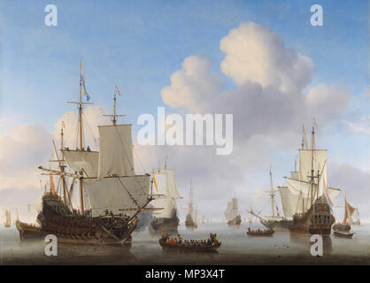 Dutch men-o'-guerra e altre spedizioni in un clima di calma *olio su tela *86,3 x 119,3 cm *ca. 1665 *firmato (b.c., sulla barca a remi): willem:van velde f navi olandesi in una calma . Dutch men-o'-guerra e altre spedizioni in un clima di calma . Circa 1665. 1261 Willem van de Velde II - dutch men-o'-guerra e altre spedizioni in un clima di calma Foto Stock