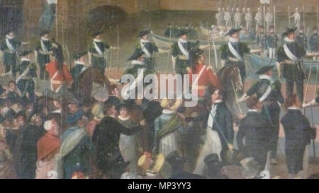 . Inglese: membri della Società Reale di arcieri forma del sovrano di guardia del corpo in Scozia. Dettaglio da un dipinto di Alexander Carse di Re Giorgio IV in atterraggio a Leith nel 1822. 23 settembre 2012, 15:11:12. Alexander Carse 1075 Royal Compagnia Arcieri di pittura dettaglio Foto Stock