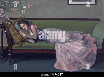 Il divano verde *olio su tela *65,4 x 92,4 cm *firmato b.r.: J. Lavery . Inglese: Il divano verde olio su tela 65,4 x 92,4 cm firmato b.r.: J. Lavery . circa 1903. John Lavery (1856-1941) nomi alternativi Джон Лавери; Sir John Lavery; Sir Lavery; John R. H. Lavery; John Lavery (Sir); ジョン・レイヴァリー Descrizione pittore irlandese Data di nascita e morte 20 Marzo 1856 10 gennaio 1941 Luogo di nascita e morte Belfast Kilmoganny periodo di lavoro c.1870-1941 sede di lavoro Glasgow (c.1870-1881), Londra (1881), Parigi (1881-1885), Glasgow (1885-1896), Londra (1896-1935), Los Angeles (1935-1939), Kilmog Foto Stock