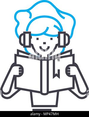 La lettura di libri per bambini icona lineare concetto. La lettura di libri per bambini vettore di linea di segno, simbolo, figura. Illustrazione Vettoriale